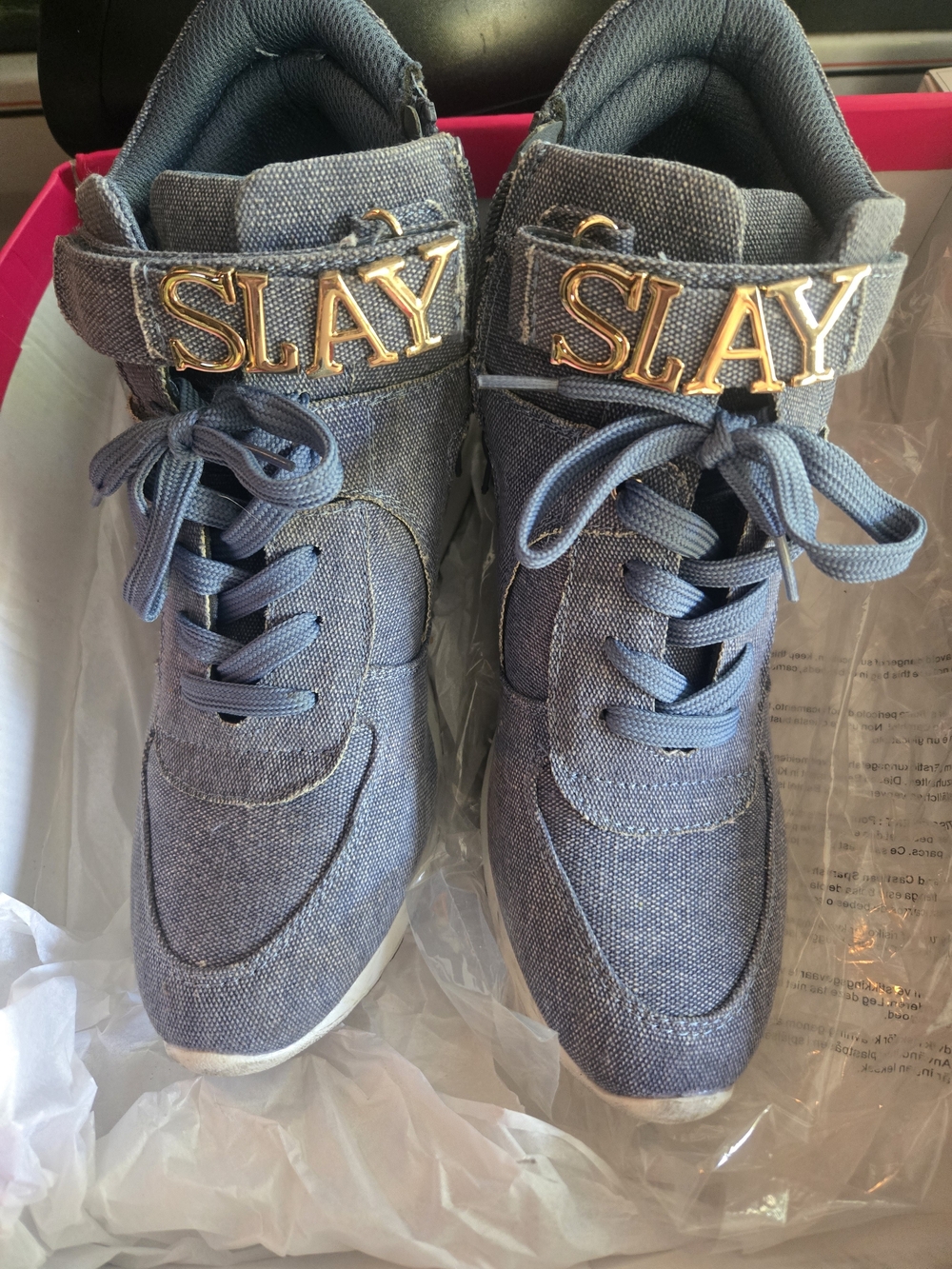 Denim Blue High-Top Sneakers with Gold 'SLAY' Hardware